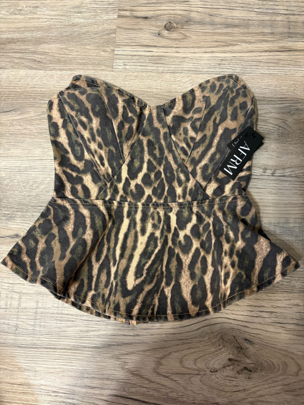 AFRM Leopard Print Strapless Peplum Top in Brown and Black